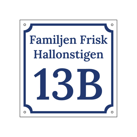 Husnummerskylt - Vit/Blå - 200x200mm - Gammaldags stil